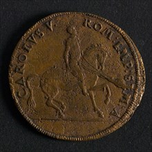 Medal Karel V, jeton use fee penny swap soil find? copper, king on horseback omschrift: CAROLVS V - ROM: IMP: SEM: - archeology