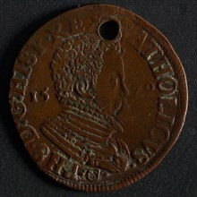 Medal on Philips II and Isabella van Valois, jeton utility medal medal exchange copper, portrait of Philips Omschrift. Currency