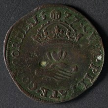 Medal on the appointment of Bucho of Ayta as toast to St. Bavo in Ghent, jeton utility penny swap copper, Front: ship