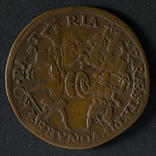 Medal on the peace negotiations in Cologne, 1579, jeton utility medal medal exchange copper, two horsemen and two foot soldiers