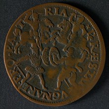 Medal on the peace negotiations in Cologne, 1579, jeton utility medal medal exchange copper, two horsemen and two footmen wound