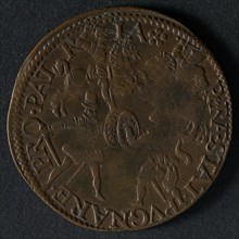 Medal on the peace negotiations in Cologne, 1579, jeton utility medal medal exchange copper, two horsemen and two foot soldiers