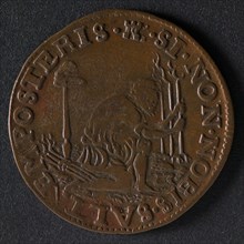 Medal on the high government of the Prince of Orange, penny footage copper, gardener kneeling at three trees. Freedom hat