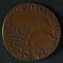Medal on the ambitious plans of Frans van Anjou, jeton utility medal medal exchange copper, car pulled by horse driven by carter