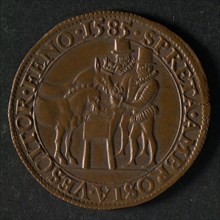 Medal on the fall of Antwerp, jeton utility medal medal exchange buyer, two Spaniards with horse and donkey eating hay