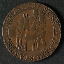 Medal at the fall of Antwerp, jeton utility medal medal exchange buyer, two Spaniards with horse and donkey eating hay