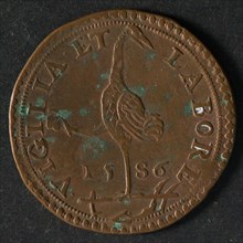Medal in honor of Parma, jeton utility medal medal exchange copper, Obverse: crane standing on one leg on plow in the other leg