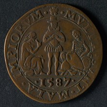 Medal on misery in the Southern Netherlands and prosperity in the Northern Netherlands, penning footage copper, Spaniard