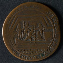 Medal on the intake of Breda, jeton utility medal penny exchange buyer, five people come from peat ship lying in moat omschrift