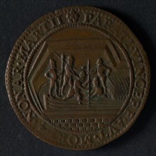 Medal on the intake of Breda, jeton utility medal medal exchange buyer, five people come from peat ship lying in moat omschrift