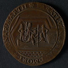 Medal on the intake of Breda, jeton utility medal medal exchange buyer, five people come from peat ship lying in moat omschrift