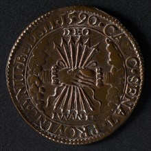 Medal on the elevation of Prince Maurice to governor of Gelderland and Overijsel, jeton utility medal medal exchange copper, six