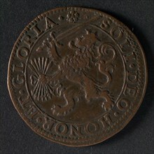 Medal on the victory of Prince Maurits at Turnhout and other war events, jeton utility medal penny exchange copper, crowned