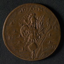 Medal on the victory of Prince Maurits at Turnhout and other war events, jeton utility medal medal exchange copper, weapon