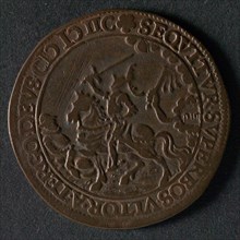 Medal on the war events in 1598, jeton utility medal penny exchange buyer, reinforced army camp on river protected by angel