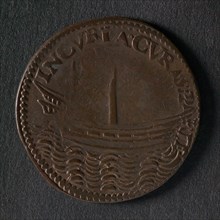 Medal on the war preparations in the Republic, jeton utility medal penny swap copper, ship without mast and rudder legend