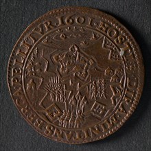 Medal on the conquest of Rijnberk by Prince Maurits, jeton utility medal penny exchange copper, floor plan with army camp Prins