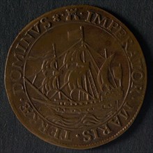 Medal on the victory of the Zeeuwen against the Spaniards, jeton utility medal medal exchange copper, large sailing vessel