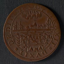 Medal on the conquest of Sluis by Prince Maurits, jeton utility medal medal exchange buyer, view of besieged city in the clouds