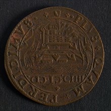 Medal on the surrender of Ostend, jeton utility medal medal exchange buyer, view of city Sluis in cut-off weapon region Utrecht