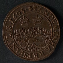 Medal on the surrender of Ostend, jeton utility medal penny exchange copper, lobster in thornbush above two crowns omschrift