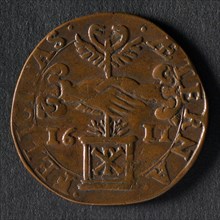 Medal in honor of Albert and Isabella, jeton utility medal penny exchange copper, two hands held together holding the altar