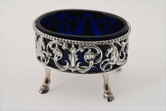 Silversmith: Rudolph Sondag, Salt container: silver holder on legs with blue glass tray, salt barrel tableware holder silver