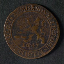 Medal on the peace negotiations with the Spaniards, jeton utility medal medal exchange copper, Dutch lion with arrows and scale