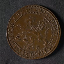 Medal on the aid of the Republic to Denmark against Sweden, jeton utility medal medal exchange copper, crowned Dutch lion