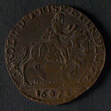Medal from the Southern Netherlands, jeton utility medal medal exchange copper, King Charles II on horseback to right legend
