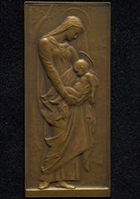 Daniel Dupuis (1849 - 1899), Plaque on the Madonna with child, plaque bronze, Madonna with child standing in the arms
