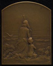Georges Dupré (1869 - 1909), Plaque, rectangular with round top, Salut au Soleil, plaque bronze, old man and little boy kneeling