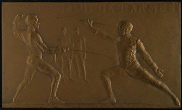 Ernesta Robert-Mérignac (1858 - 1933), Plaque Salut des Armes, plaque bronze, two men are fencing In the background two men