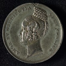 Thomas Halliday, Medal on Maria II of Portugal, medallions pewter tin, Round pewter of tin legend: AMOR ET OBEDIENTIA - SPES