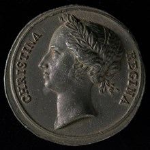 Medal on Christina of Sweden, penning footage metal lead, portrait of Christina used to the left. Omschrift omschrift: CHRISTINA