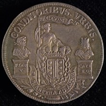 Medal of Gouda, tool medal penny identification carrier silver, Crowned coat of arms of Gouda held by standing female figure