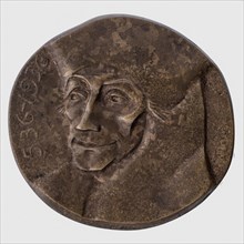 Leendert Bolle, One-sided plaque medallion on the 400th anniversary of the death of Erasmus, penning footage bronze, cast, left