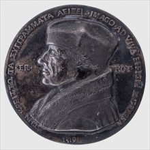 One-sided plaque medal at Erasmus, penning footage silver, cast, left aligned bust Erasmus, .ER. -ROT. left omschrift Greek text
