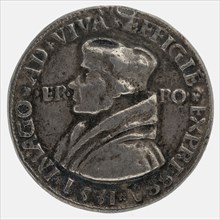 after:: Quinten Massijs, Terminus medal at Erasmus, penning footage silver, hand-painted, left accustomed bust of Erasmus