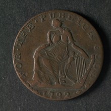 Medal (halfpenny?) Of Ireland, penny coin money swap copper, sitting Irish virgin with harp omschrift: FOR THE PUBLICK GOOD pay