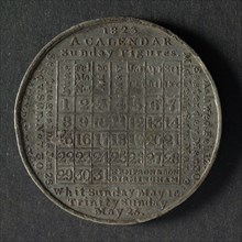 Calendar medal for the year 1823, calendar medal medallion image tin, text; underneath the calendar with links on the right