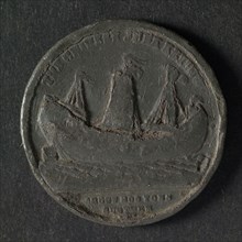 Medal on the arrival of the first Chinese ship in England in 1848, medallions lead metal, junk at sea omschrift: THE CHINESE