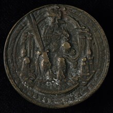 Medal to commemorate the 50th birthday of Charles V, penning footage copper, Charles V on throne, (VAN GODS) G (e) NEEDS KAROLUS