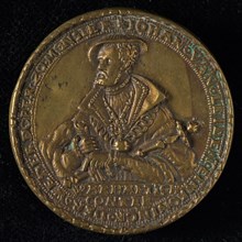 Medal on Jan van Leiden, penning footage copper, bust Jan van Leiden, IOHAN. FROM. LEIDEN EIN KONINCK OF THE WEDERDOPER