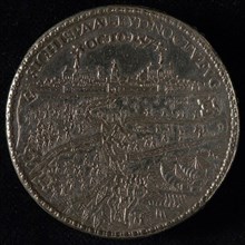 Medal on the relief of Leiden, penning footage silver, besieged city of Jerusalem; in the foreground angel soldiers chase