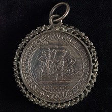 Medal on the intake of Breda, penning footage silver, border), Five people come from peat ship lying in moat, PARATI. VINCERE
