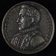 Jean-Henri Simon (engraver), Medal with bust of Marnix van Sint Aldegonde, penning imagery lead? metal, bust of Marnix van Sint