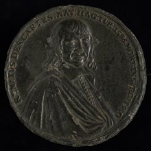 I. Smeltzing, Medal on the death of René Descartes in 1650, death certificate medallion images lead metal, bust of Descartes