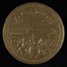 Medal at the opening of the Haarlem-Leiden Trekvaart in 1657, penny footage copper, draft barge with horse; in the background