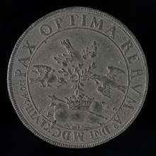 Engelbert Zettler, Medal on the Peace of Münster, medallion image metal lead, view of Münster; above it in wreath of olive